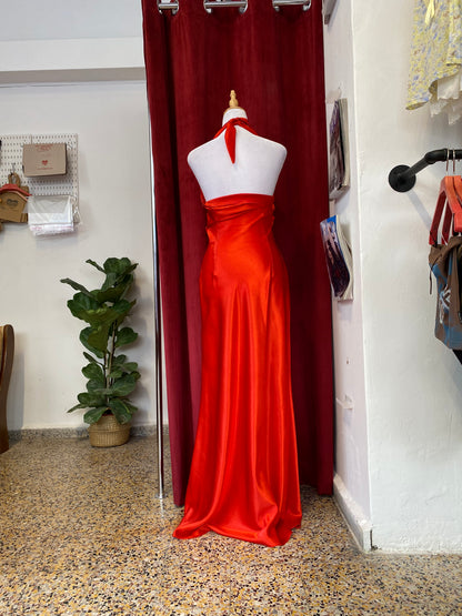 Red maxi satin gown with rhinestones