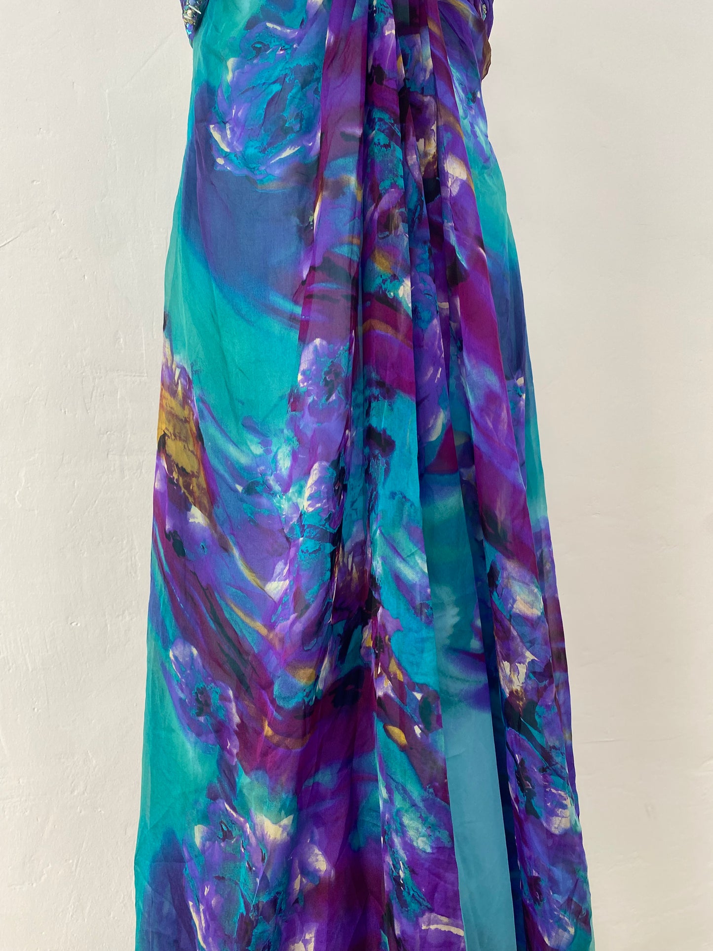 100% silk brand new maxi multicoloured gown with handbeaded details
