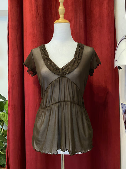 Brown mesh top with sequin details