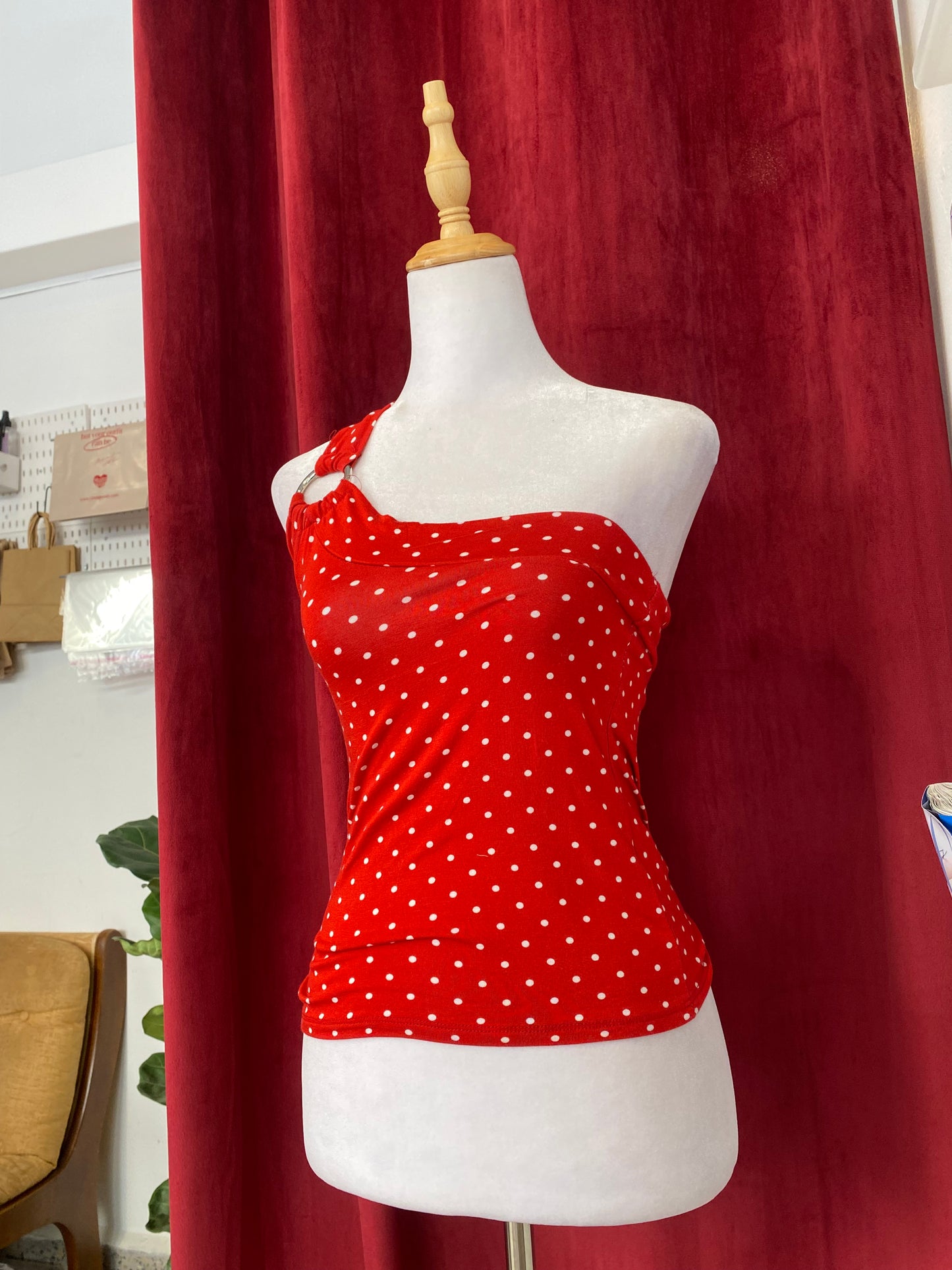 One shoulder red polka dot top