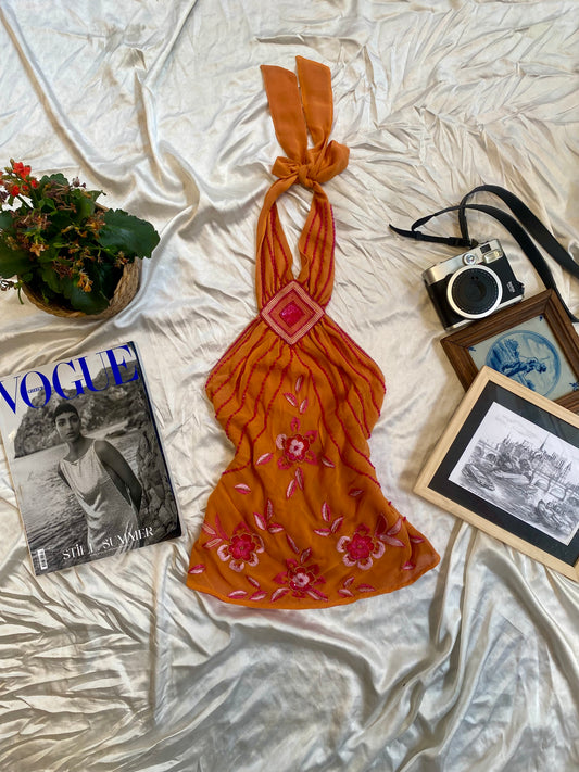 100% silk brand new orange open back handbeaded top 🍊