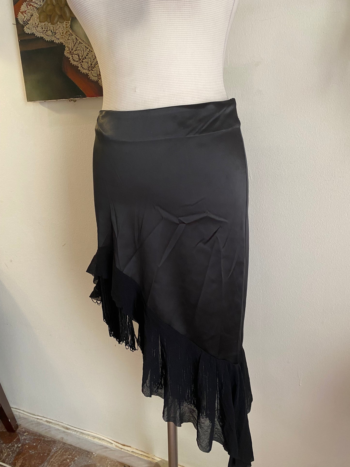 Brand new black asymmetrical satin skirt with fringe details