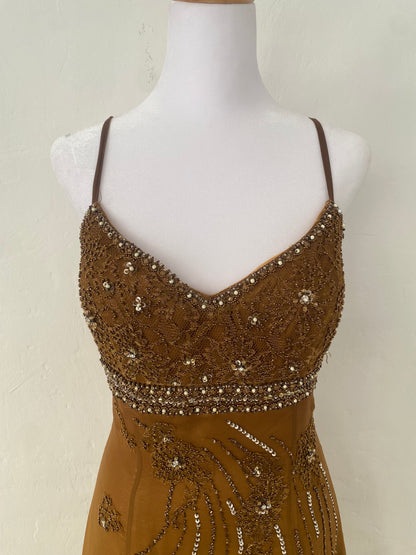 100% silk brand new brown handbeaded maxi dress