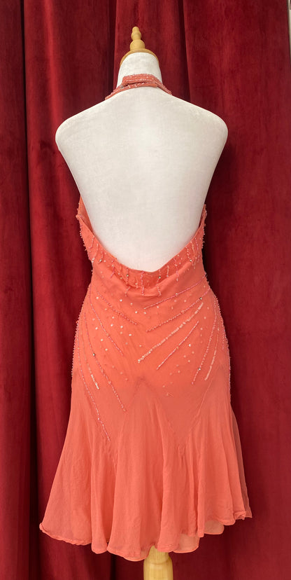 100% silk coral handbeaded dress
