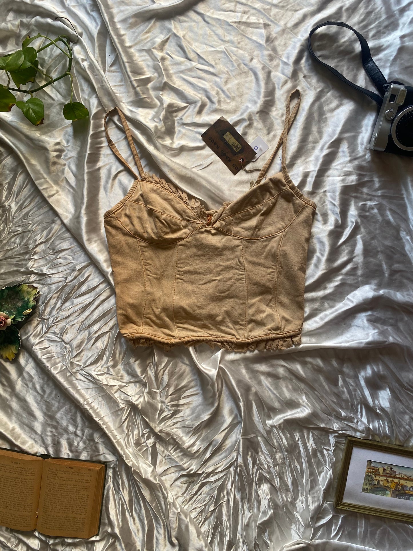 Denim corset with washed out details