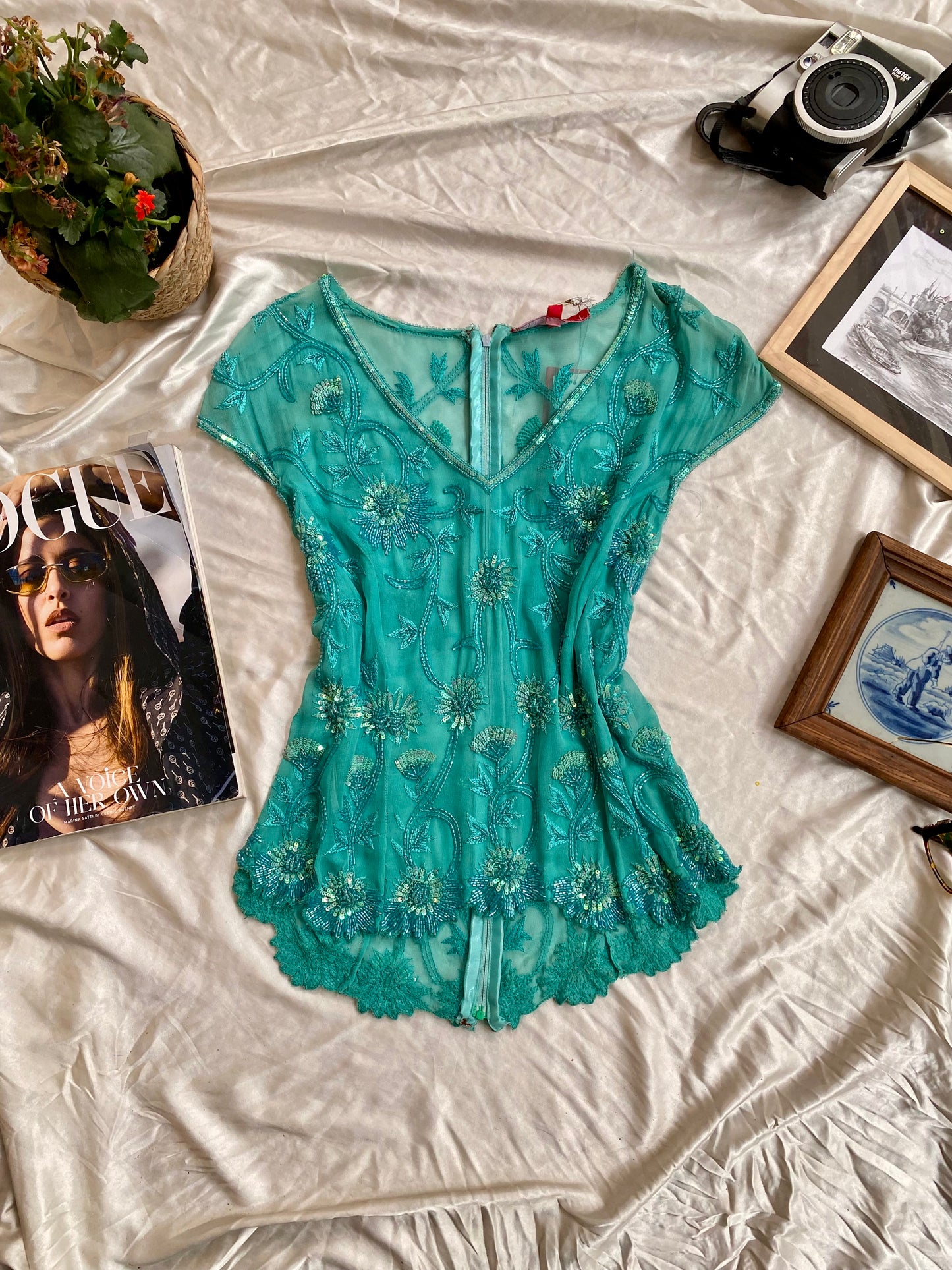 100% silk teal handbeaded top 🩵