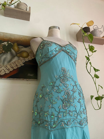 100% silk fairy baby blue gown with handbeaded details all over