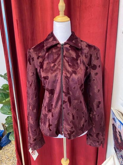 Deep burgundy faux fur jacket with cow print details