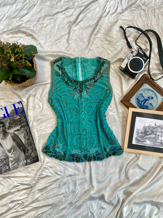 100% silk brand new handbeaded light blue top 🦋