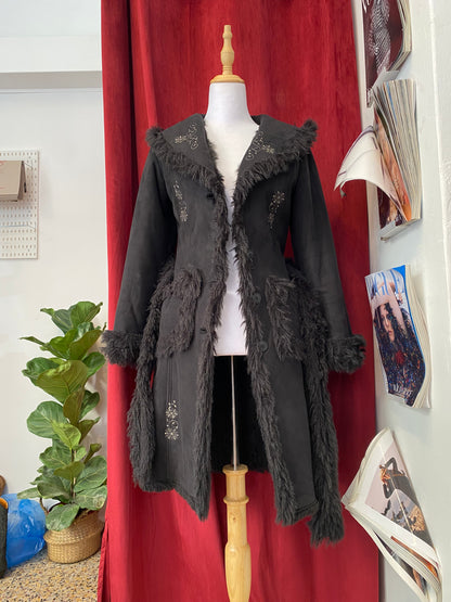Black long embroidered Afghan coat with vegan fur