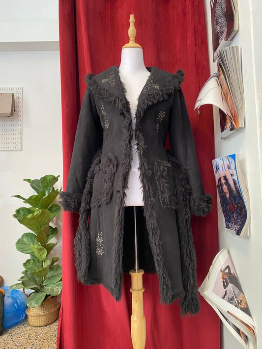 Black long embroidered Afghan coat with vegan fur