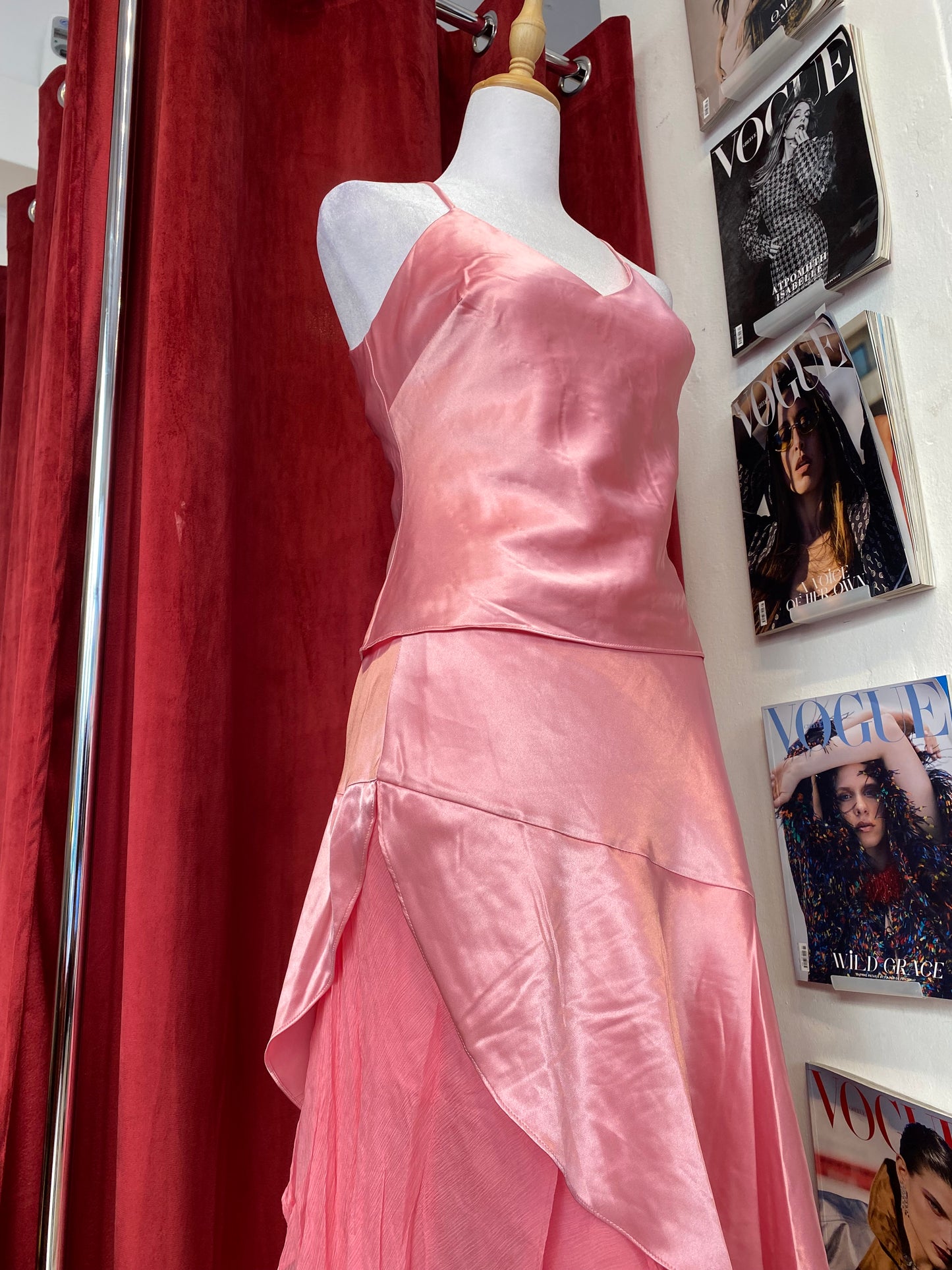 Brand new pink satin set with ruffled details