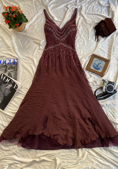 100% silk deep purple gown with sequin details all over