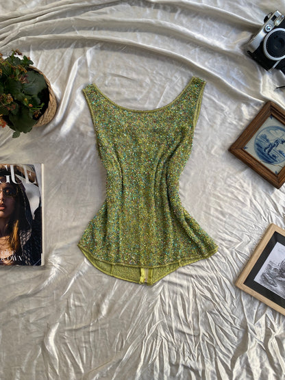 100% silk handbeaded green top 🧚