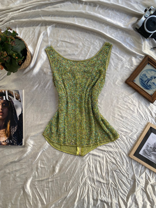 100% silk handbeaded green top 🧚