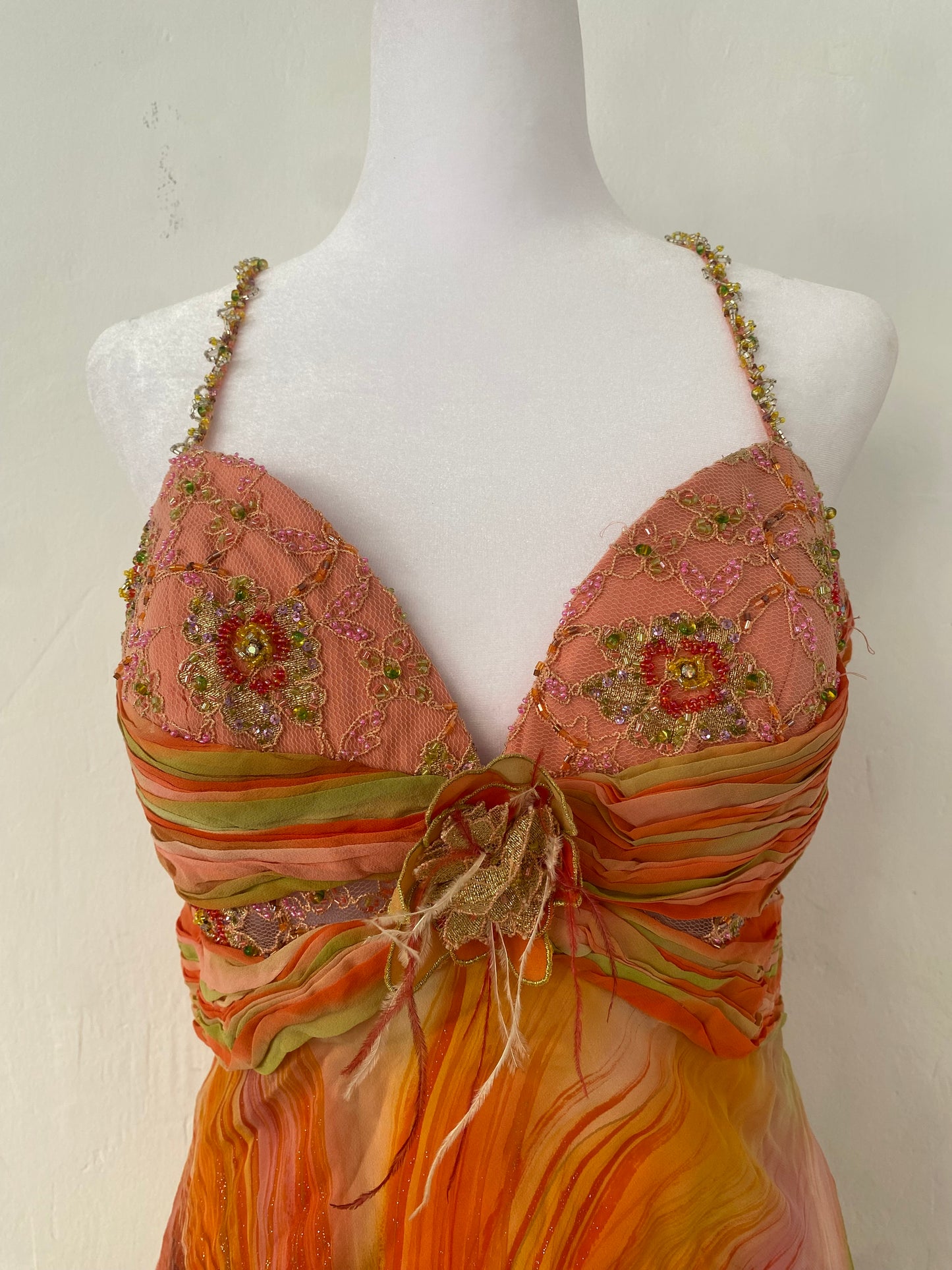 100% silk brand new sunset gown with handbeaded details