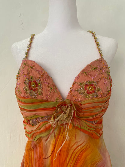 100% silk brand new sunset gown with handbeaded details