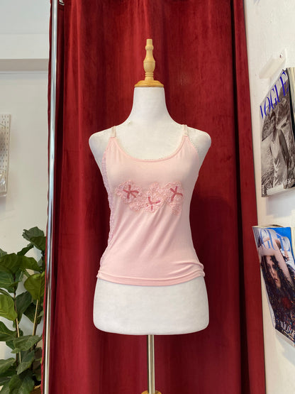Pink summer top with sequin and lace details