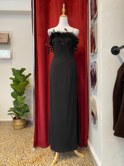Brand new black gown with feather details
