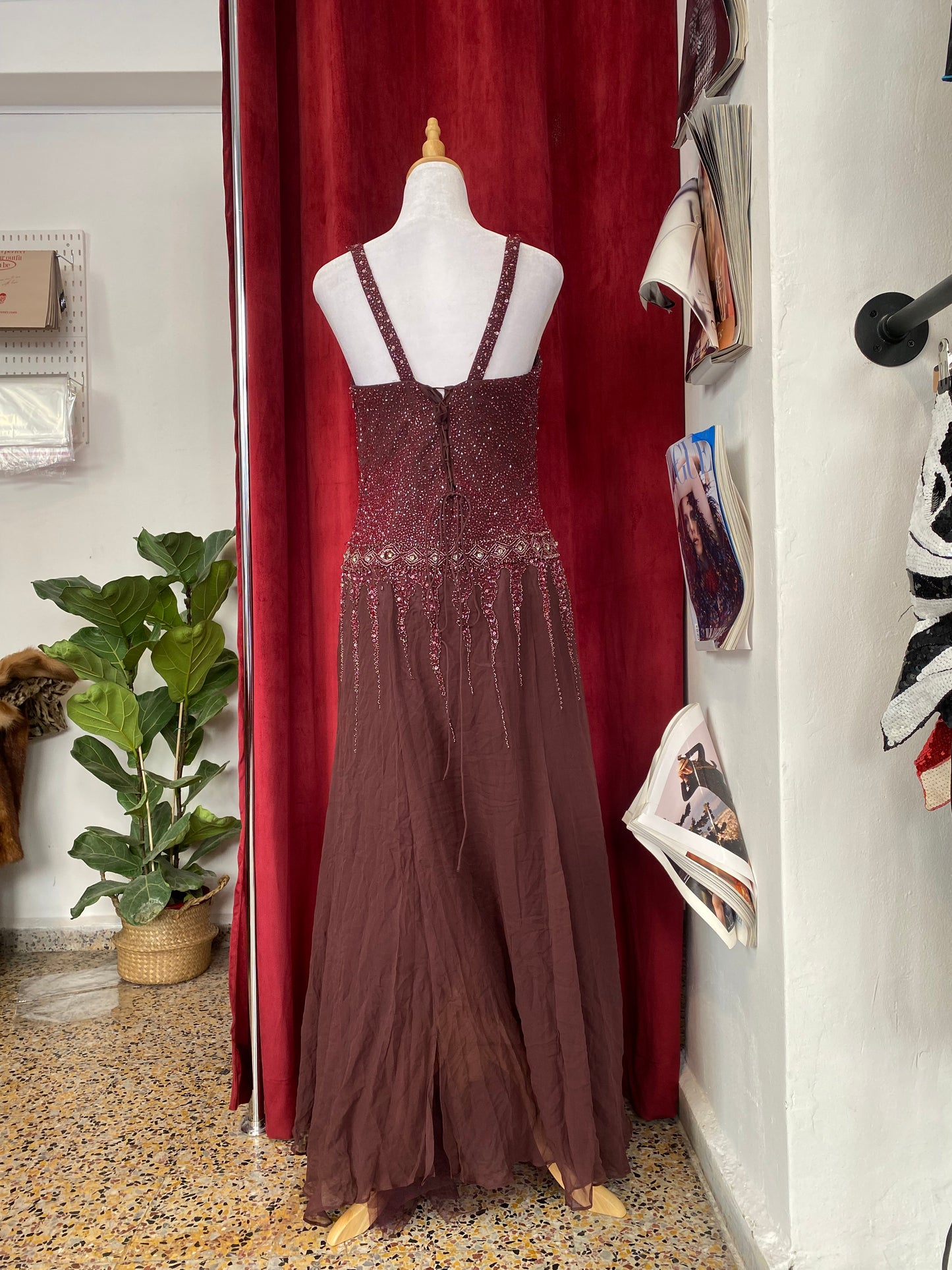 100% silk deep purple gown with sequin details all over