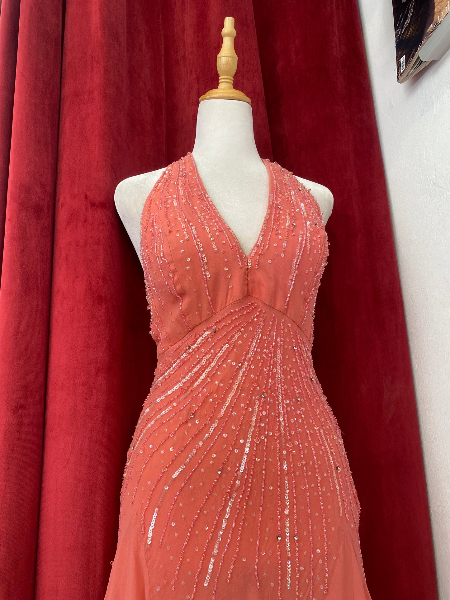 100% silk coral handbeaded dress