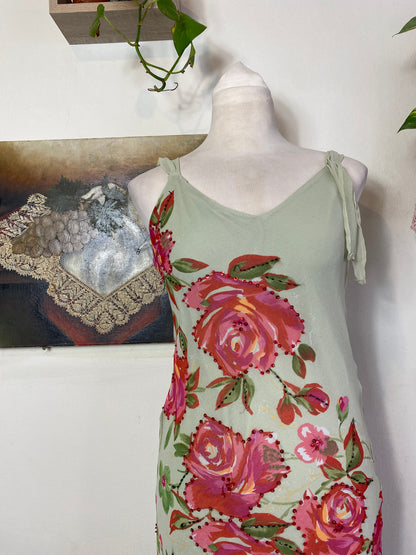 Handbeaded ruffled floral dress