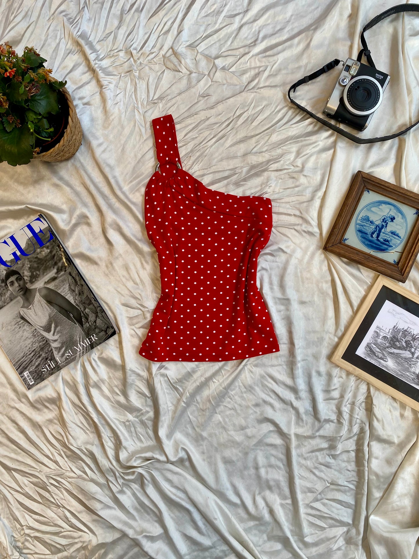 One shoulder red polka dot top