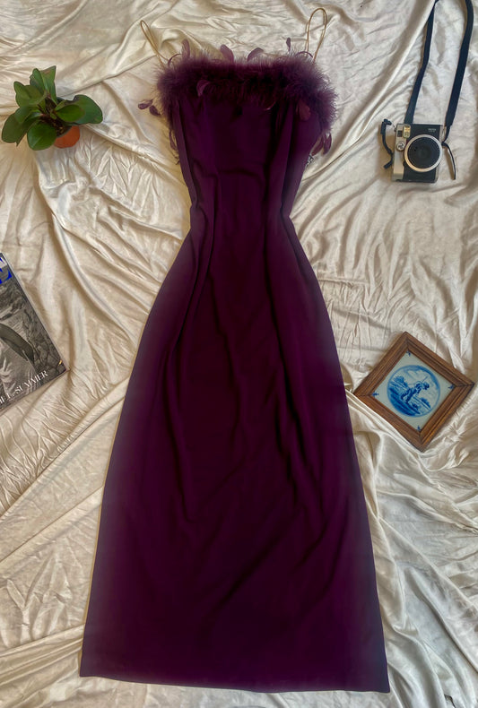 Brand new deep purple gown with feather bust