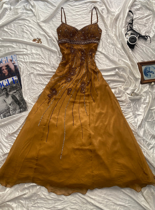 100% silk brand new brown handbeaded maxi dress