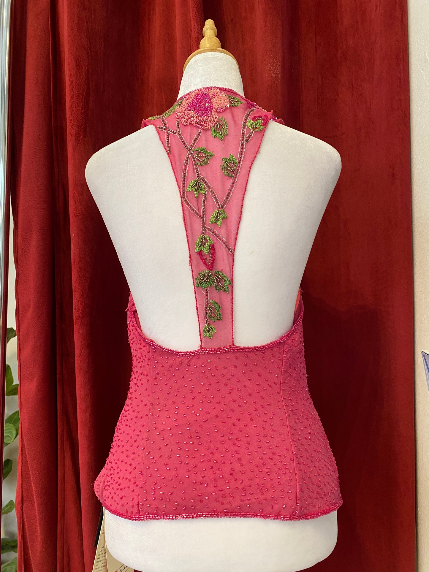 100% silk brand new pink open back handbeaded top 🌸