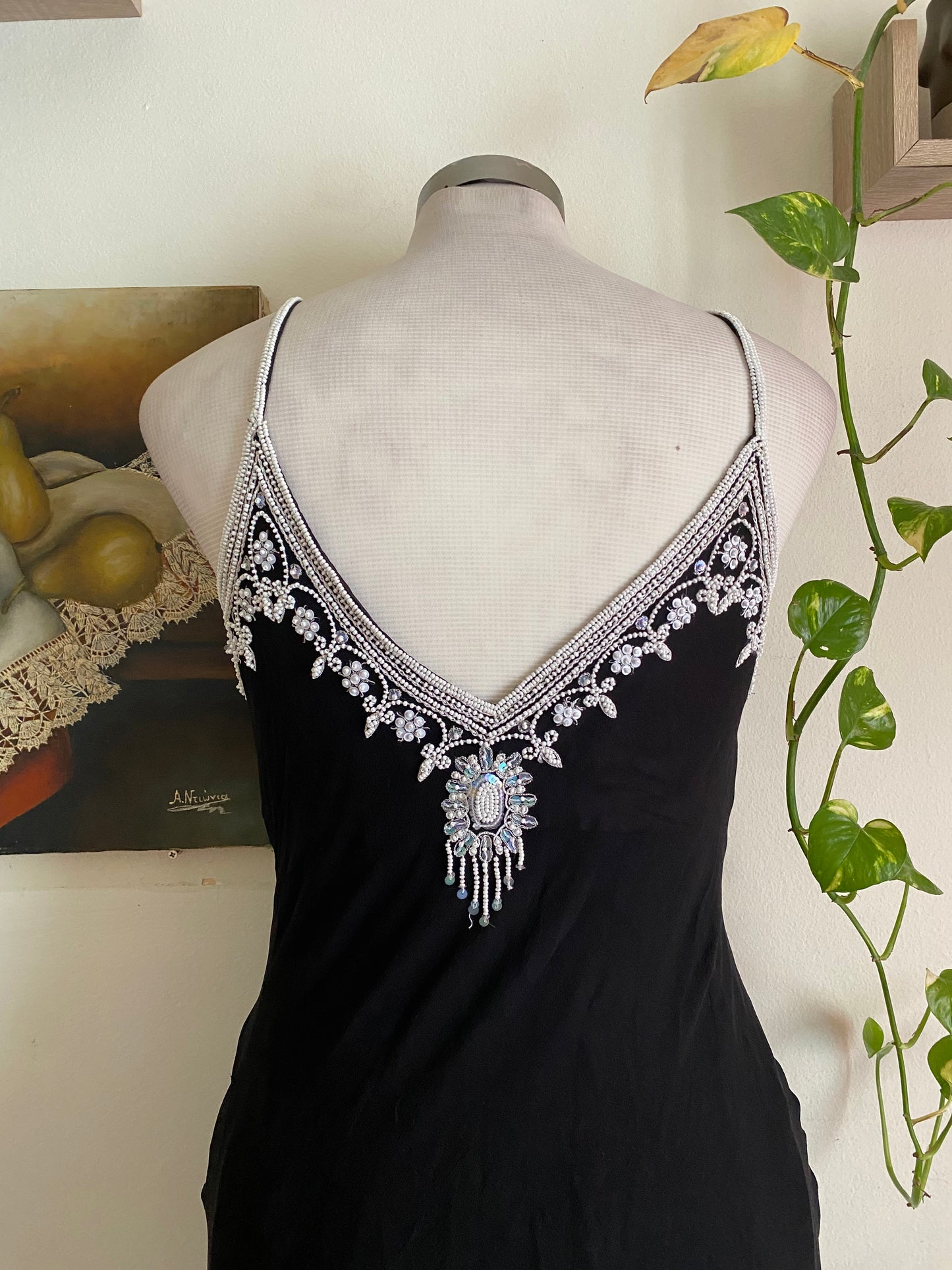 100% silk black maxi gown with  handbeaded details