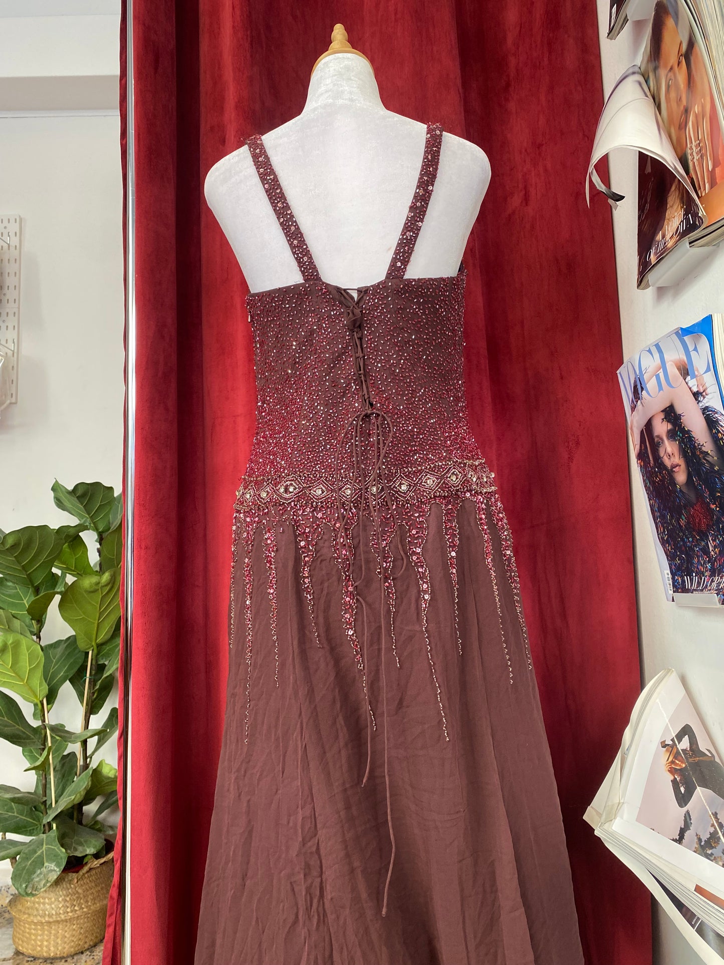 100% silk deep purple gown with sequin details all over