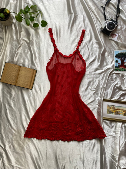 Red embroidered see through baby doll