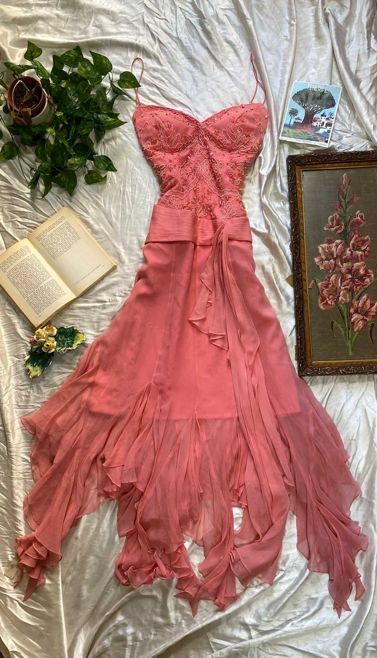100% silk brand new handbeaded pink gown