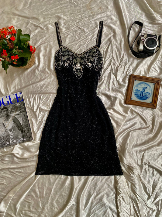 100% silk black dress with all over handbeaded details