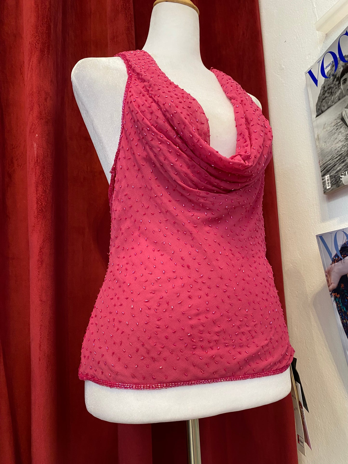 100% silk brand new pink open back handbeaded top 🌸