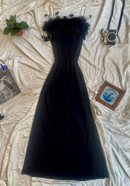 Brand new black gown with feather details