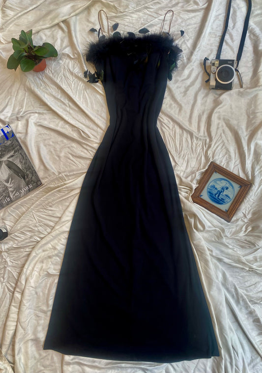 Brand new black gown with feather details