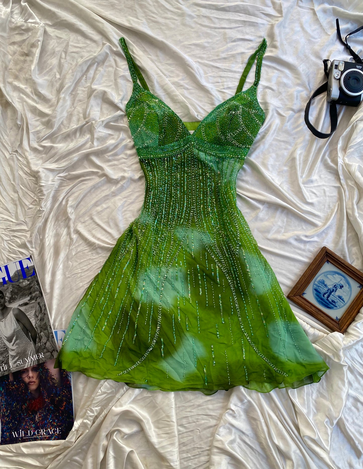 100% silk brand new green all over handbeaded dress