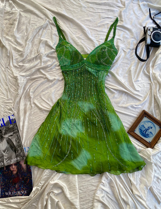 100% silk brand new green all over handbeaded dress