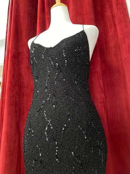 100% silk brand new handcrafted black gown with ruffled details ♟️