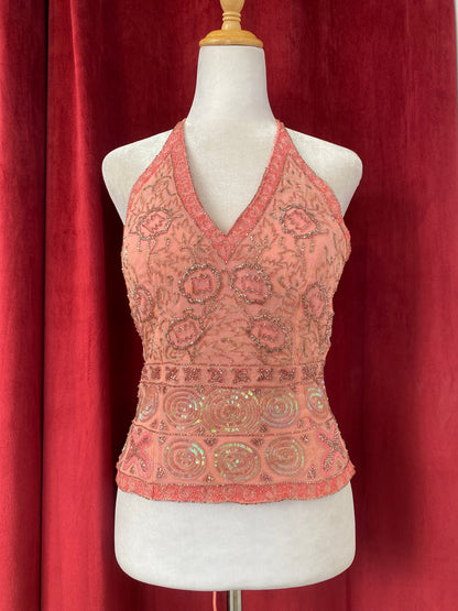 100% silk handbeaded baby pink corset