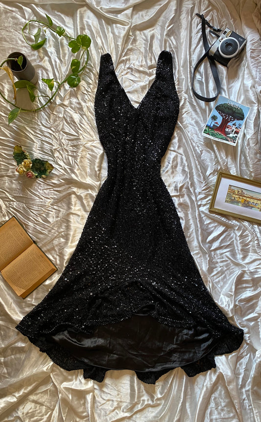 100% silk all over handbeaded black gown