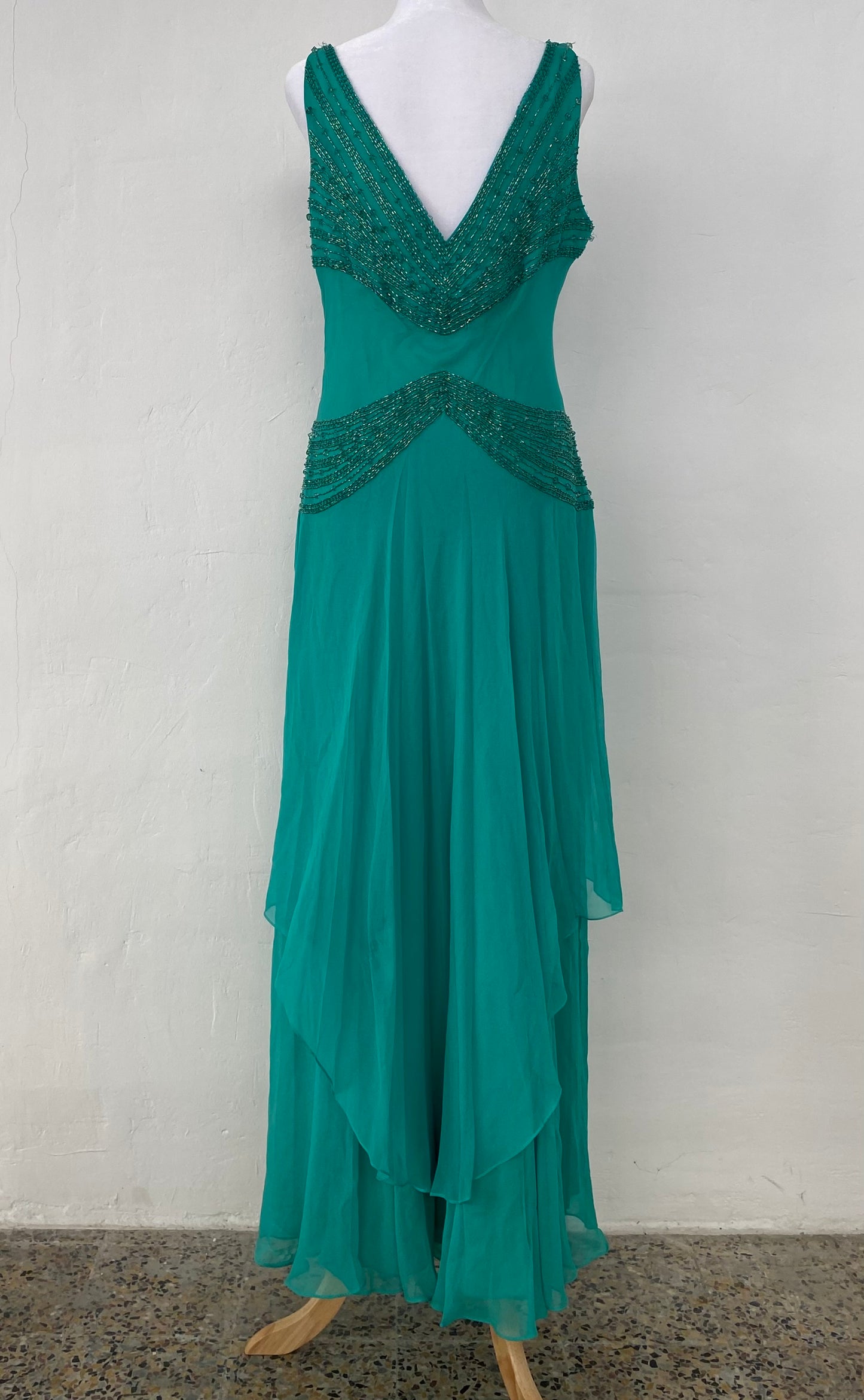100% silk brand new handbeaded turquoise maxi gown