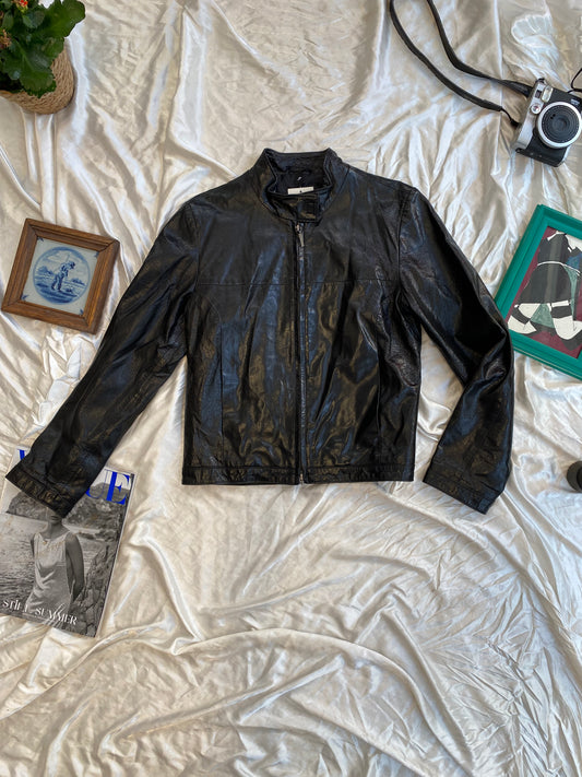 Vegan leather black fitted biker jacket