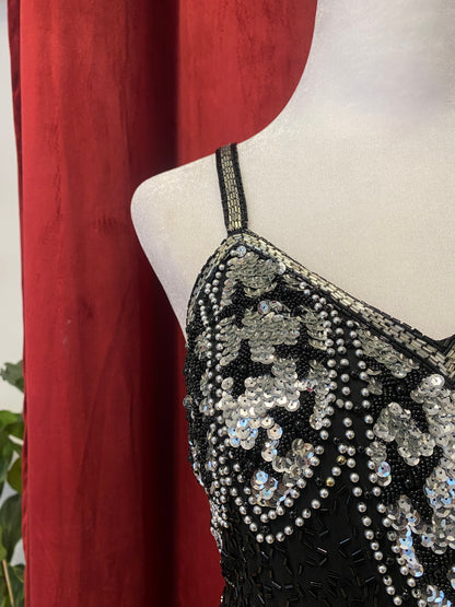 100% silk black dress with all over handbeaded details
