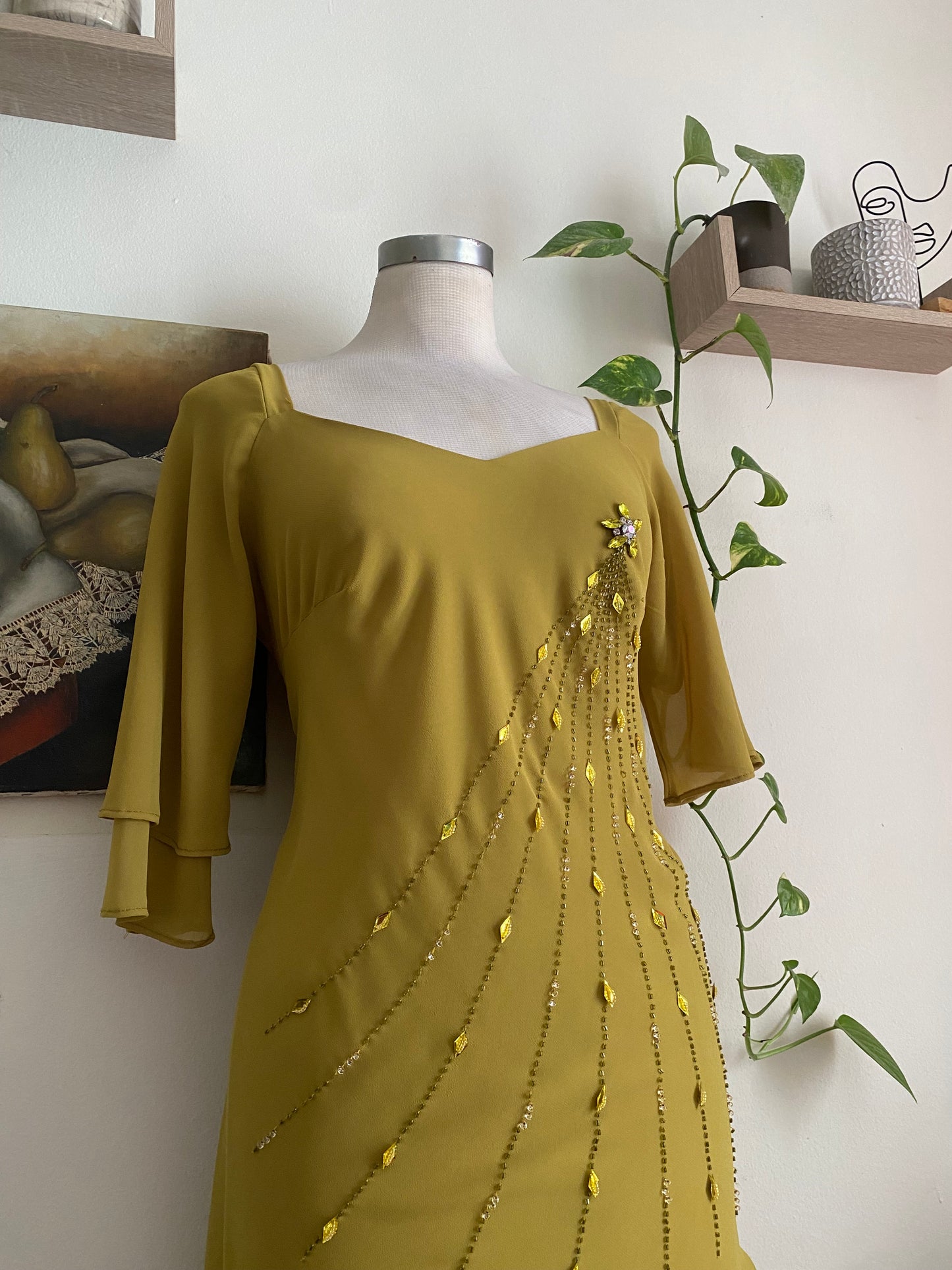 Brand new 2 piece olive green handbeaded set