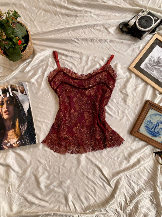 Burgundy top with gold lace ✨