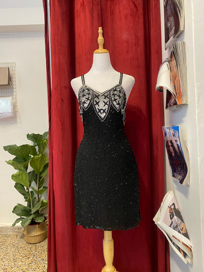 100% silk black dress with all over handbeaded details