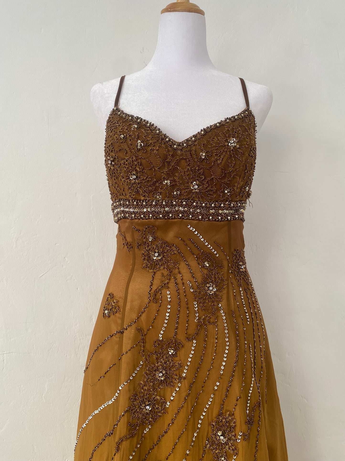 100% silk brand new brown handbeaded maxi dress